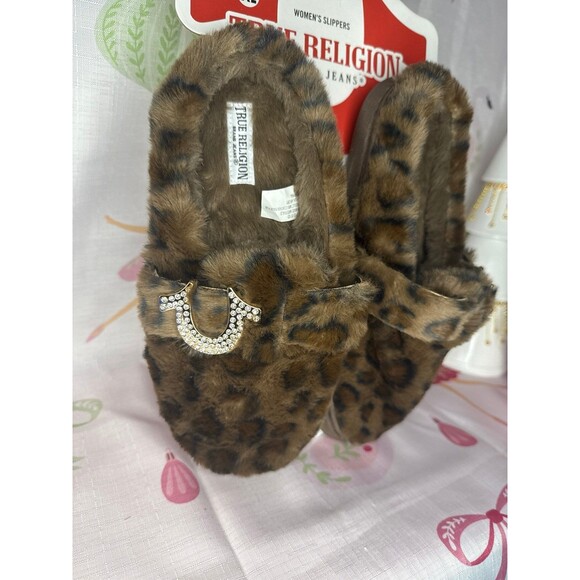 True Religion LEOPARD Slippers with Rhinestone Horseshoe, XL 9.5/10.5 - Picture 2 of 6